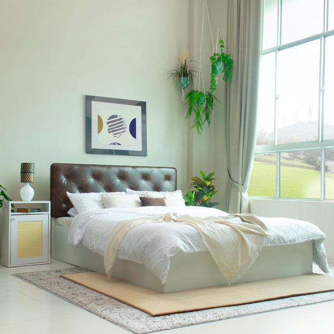 سرير تبغ مع قماش جلدي فاخر وصندوق تخزين - سرير كوين