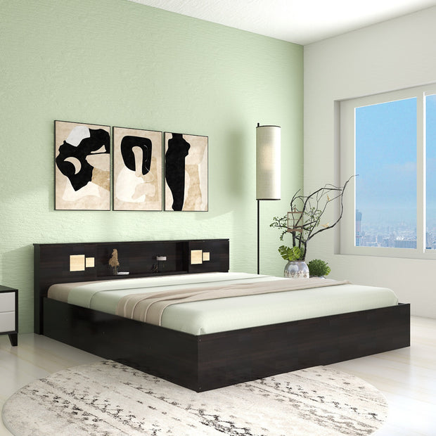 Kumiko Bed with Non-Woven Box Storage – Engineered Wood, Walnut Finish