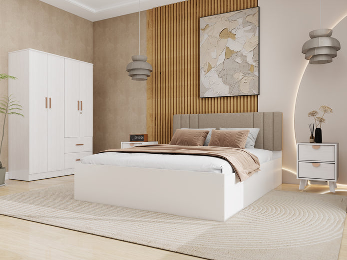 Ananda Queen Bedroom Set – Upholstered Bed & 4-Door Wardrobe (White & Silver Oak)
