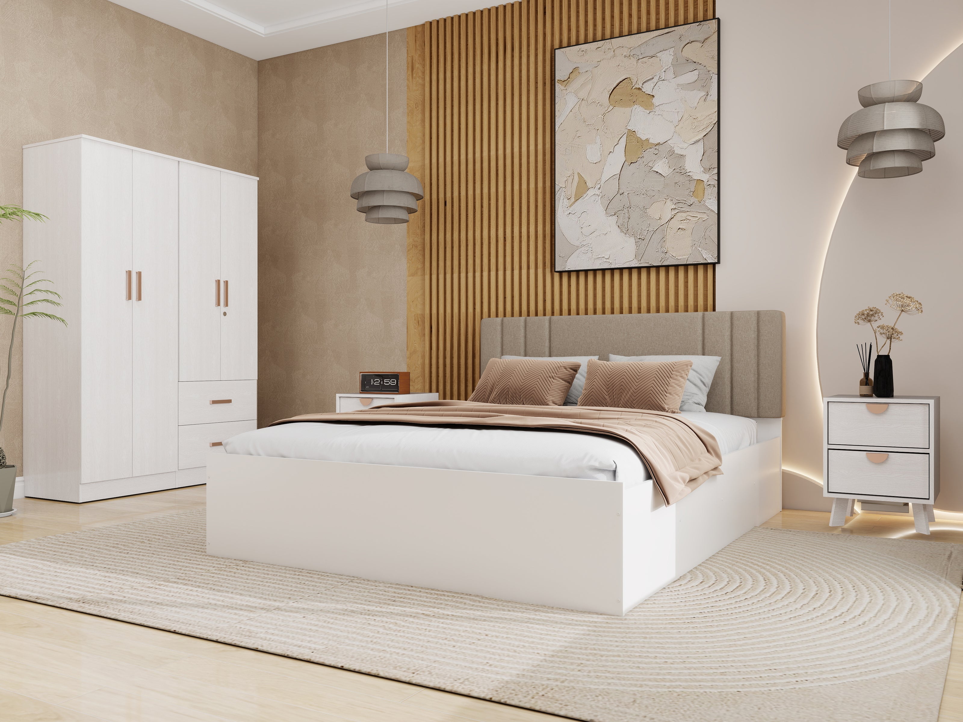 Ananda Queen Bedroom Set – Upholstered Bed & 4-Door Wardrobe (White & Silver Oak)