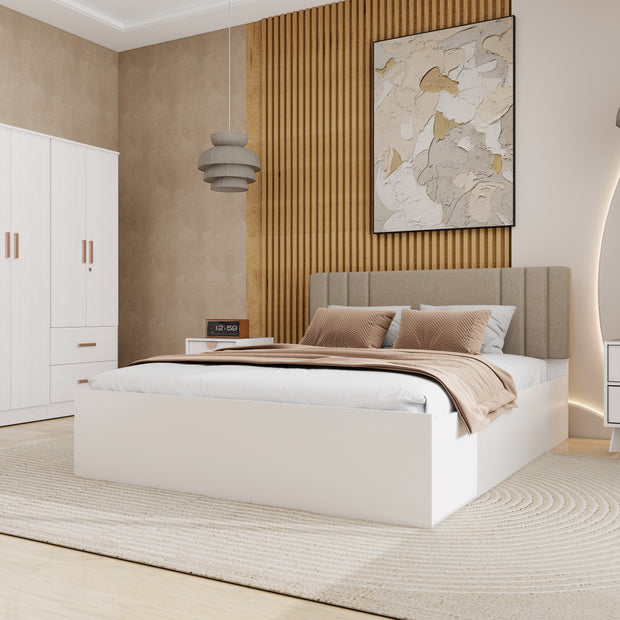 Ananda Queen Bedroom Set – Upholstered Bed & 4-Door Wardrobe (White & Silver Oak)