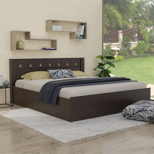 Erinnyes Queen Bed with Solid Wood Headboard and Box Storage in Walnut Finish