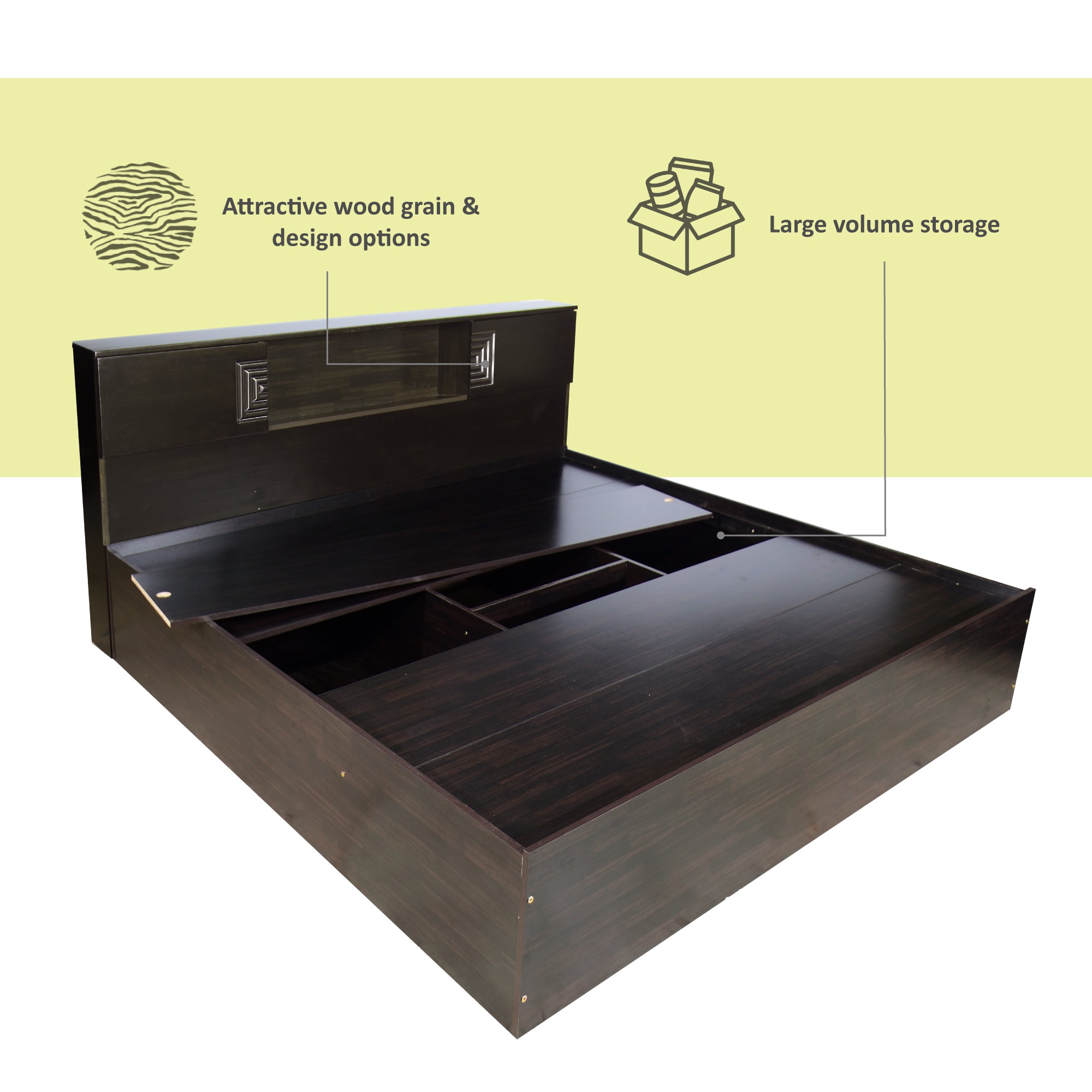 Aidos Bed with Solid Wood Headboard & Box Storage – Walnut Finish