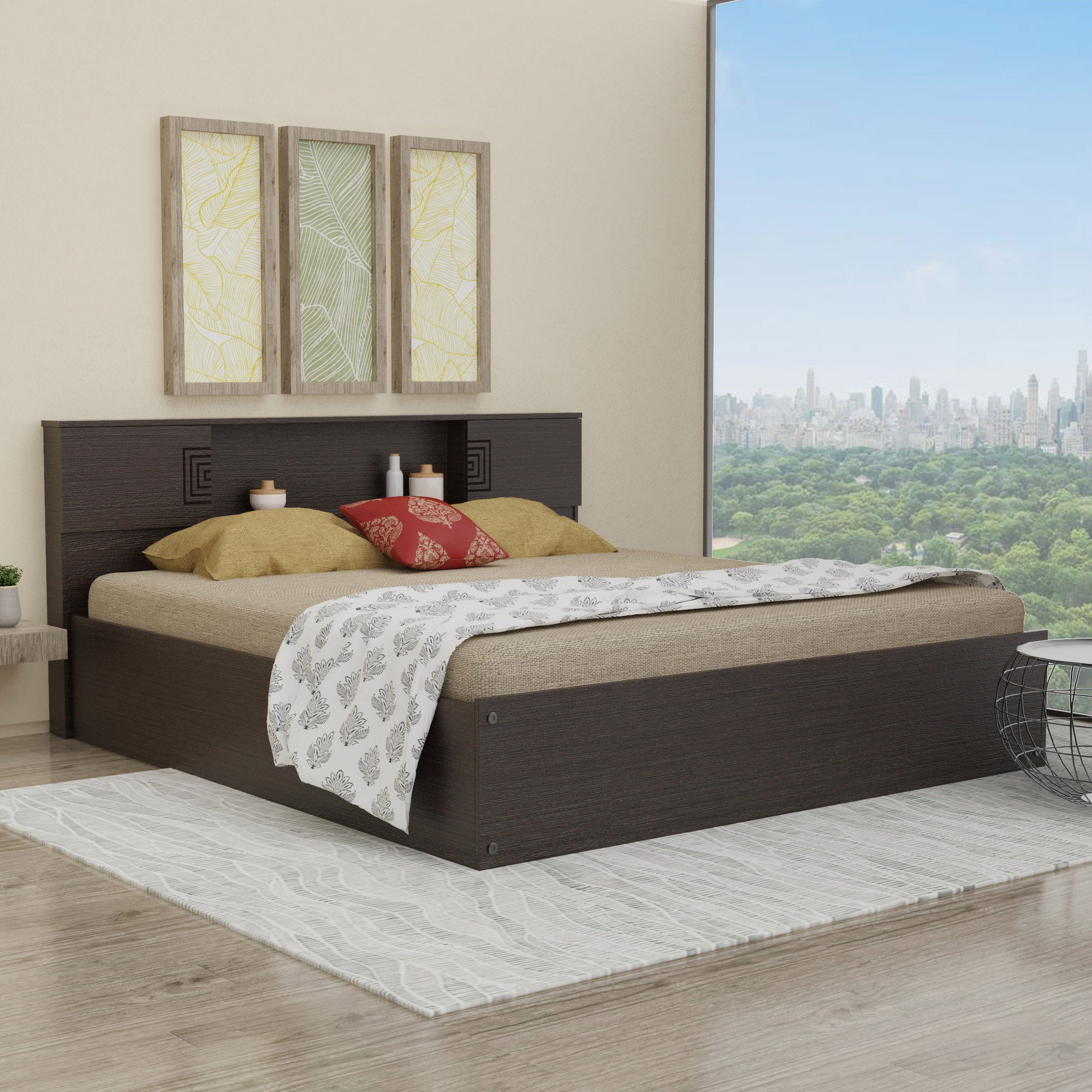 Aidos Queen Bed with Solid Wood Headboard and Box Storage in Walnut Finish