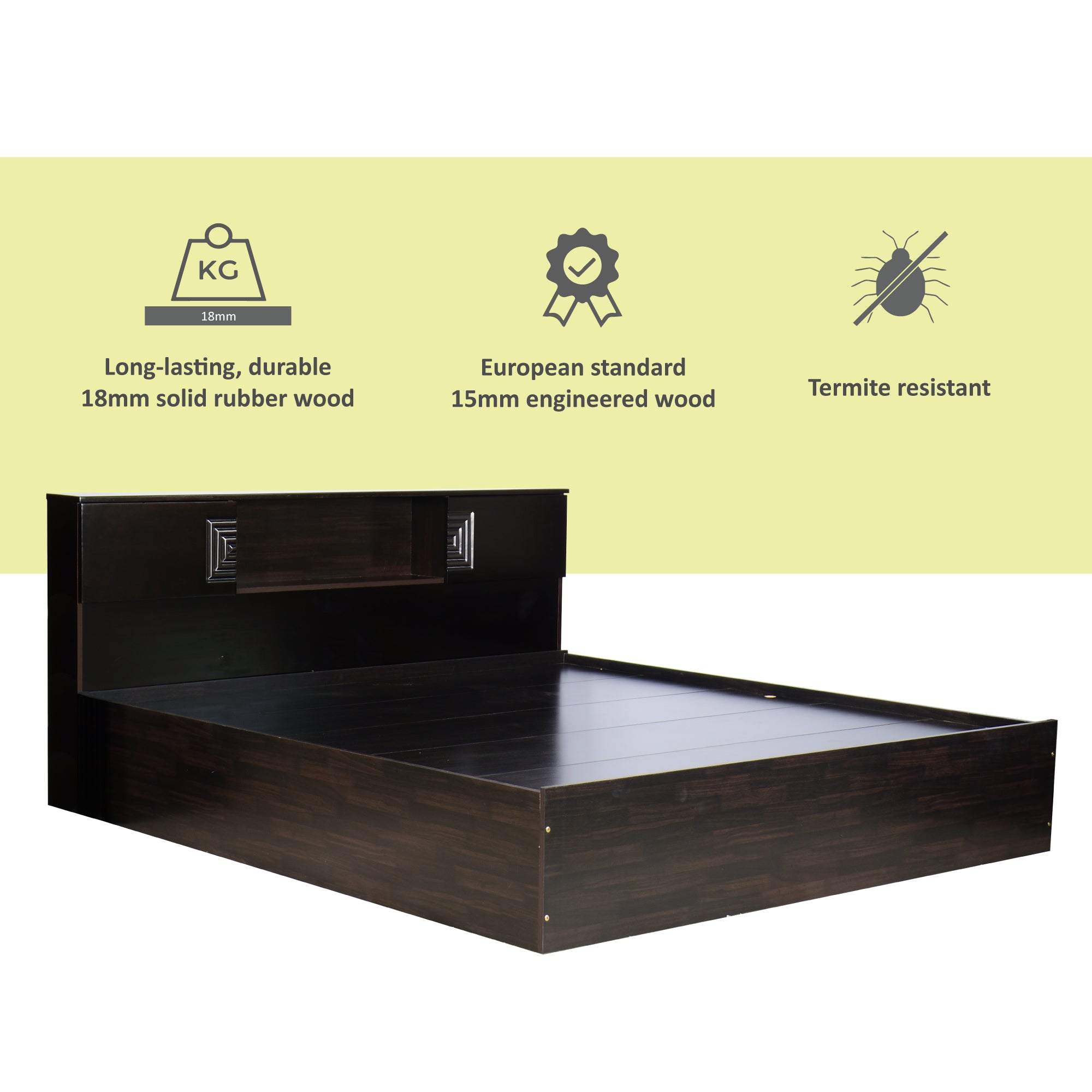 Aidos Bed with Solid Wood Headboard & Box Storage – Walnut Finish