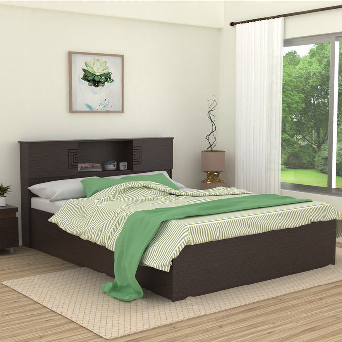 Aidos Bed with Solid Wood Headboard & Box Storage – Walnut Finish