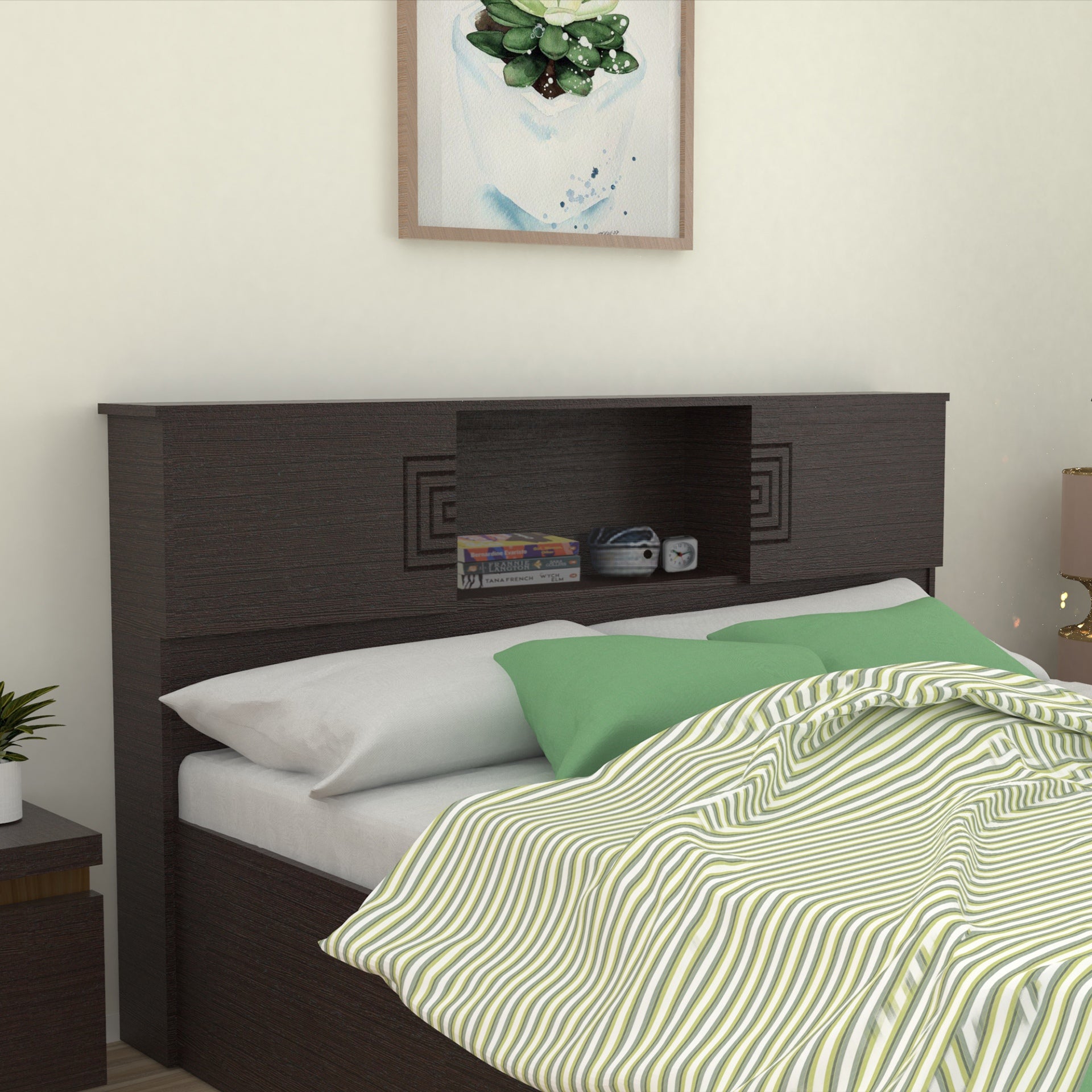Aidos Bed with Solid Wood Headboard & Box Storage – Walnut Finish