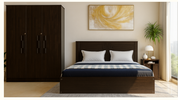 Cozy bedroom combo featuring a stylish bed, wardrobe, and bedside table with modern decor.