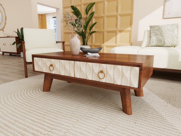 Echo Solidwood Coffee Table in Cream & Walnut with Storage Drawers – Modern Living Room Furniture