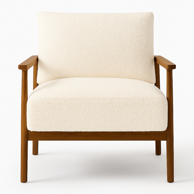 "Oakstrand Armchair in beige fabric with solid wood frame – modern lounge chair"
