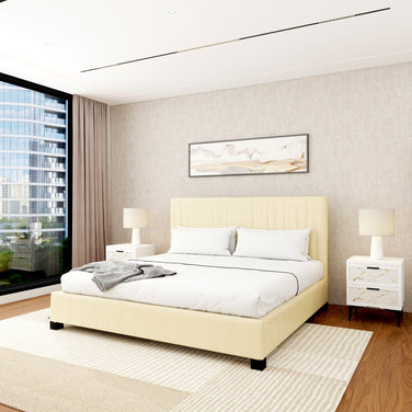 Bastion upholstered bed in beige, King size, padded headboard and slatted base