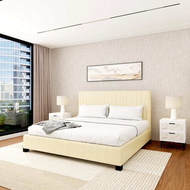 Bastion upholstered bed in beige, King size, padded headboard and slatted base