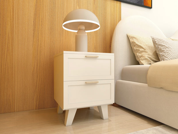 Beige 2-drawer nightstand with smooth-glide drawers and solid-wood tapered legs.