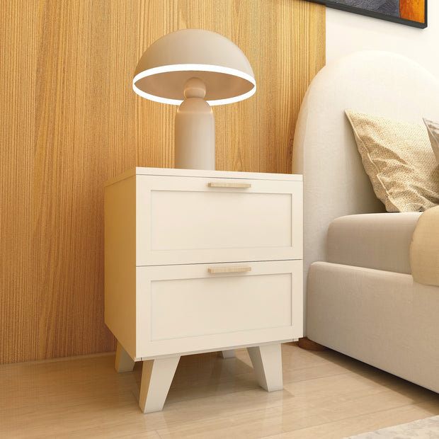 Beige 2-drawer nightstand with smooth-glide drawers and solid-wood tapered legs.