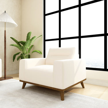 The Haven Chair in Beige - Plush Armchair with Modern Wooden Base