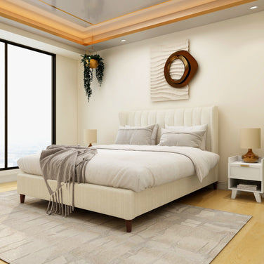 Serra Bed in Off White - Upholstered Wingback Headboard with Wooden Legs