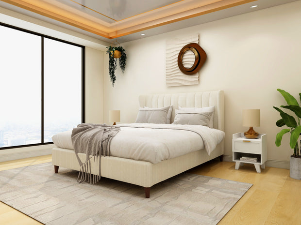 Serra King Bed in Off White – Upholstered Wingback Headboard with Wooden Legs