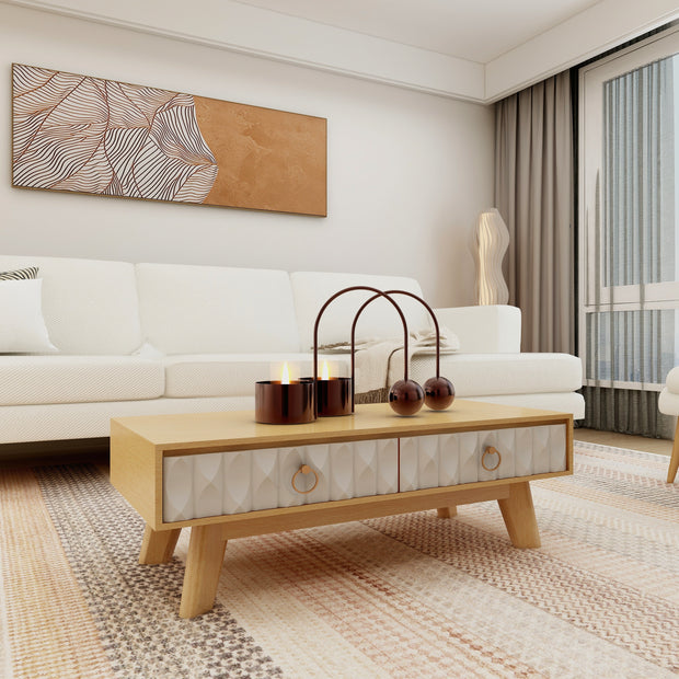 طاولة قهوة إيكو من الخشب الصلب - طاولة مركزية عصرية بلون كريمي وجوز مع مساحة تخزين