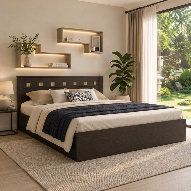 Erinnyes Queen Bed – Solid Wood Headboard with Box Storage