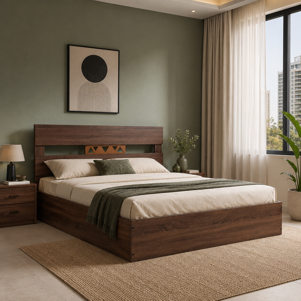 Hestia Queen Bed – Walnut Finish & Solid Wood Accents