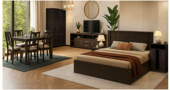 Home Furniture Combo – Includes Bed, Wardrobe,  Bedside Table,  TV Unit, and Dining