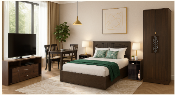 Home Furniture Combo – Includes Bed, Wardrobe,  Bedside Table, TV Unit, and Dining
