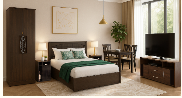 Home Furniture Combo – Includes Bed, Wardrobe,  Bedside Table, Tv Unit, and Dining