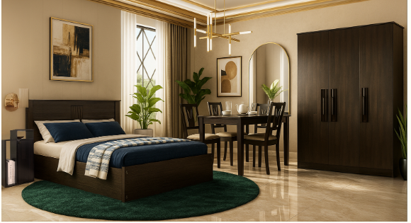 Home Furniture Combo – Includes Bed, Wardrobe,  Bedside Table, and Dining