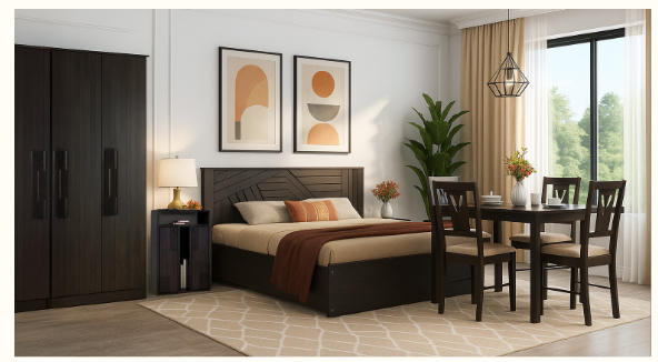 Home Furniture Combo – Includes Bed, Wardrobe,  Bedside Table, and Dining