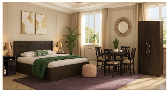 Home Furniture Combo – Includes Bed, Wardrobe,  Bedside Table, and Dining