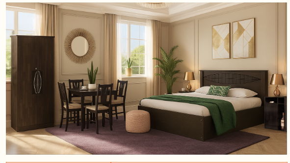 Home Furniture Combo – Includes Bed, Wardrobe,  Bedside Table, and Dining