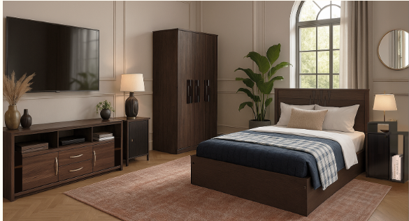 Home Furniture Combo – Includes Bed, Wardrobe,  Bedside Table, and TV Unit