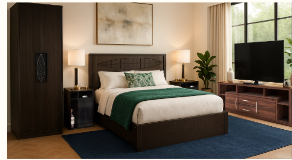 Home Furniture Combo – Includes Bed, Wardrobe,  Bedside Table, and TV Unit