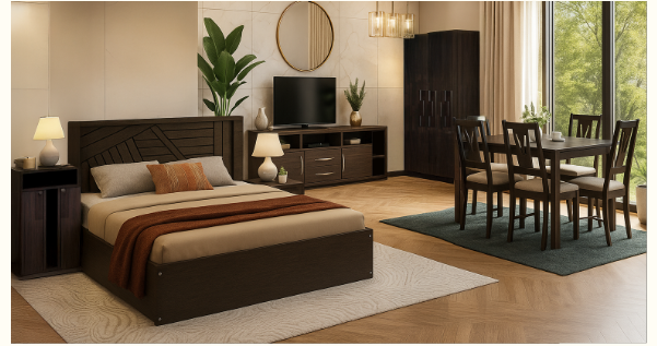 Home Furniture Combo – Includes Bed, Wardrobe,  Bedside Table, TV Unit and Dining