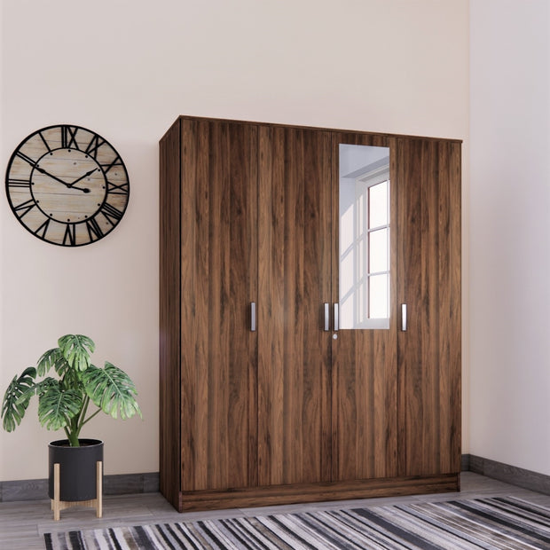 Julian 4-door engineered wood wardrobe with mirror – Walnut finish