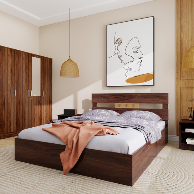 Julian queen bed with 4-door mirror wardrobe and bedside table