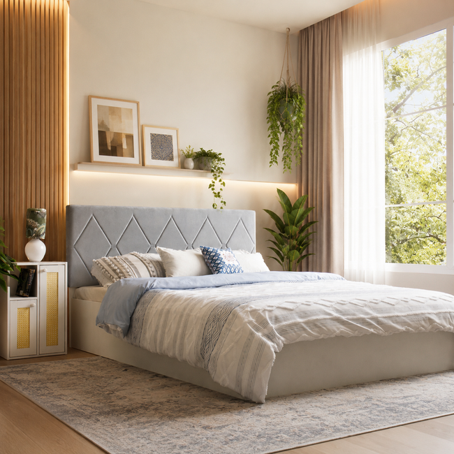 Kundalini Queen Bed – Leatherette Upholstered Bed with Box Storage