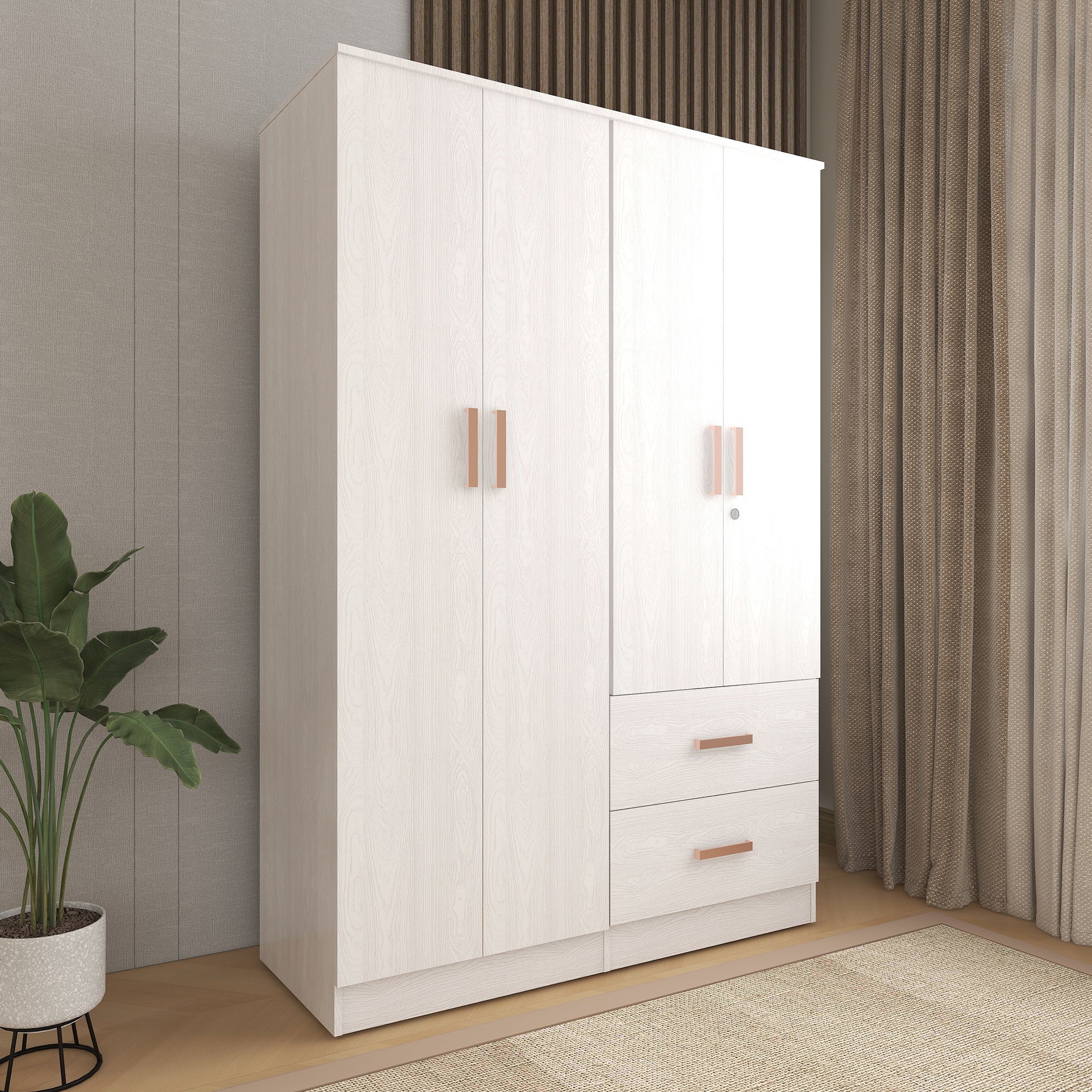 Ren 4-Door Engineered Wood Wardrobe – Spacious Bedroom Almirah with Shelves