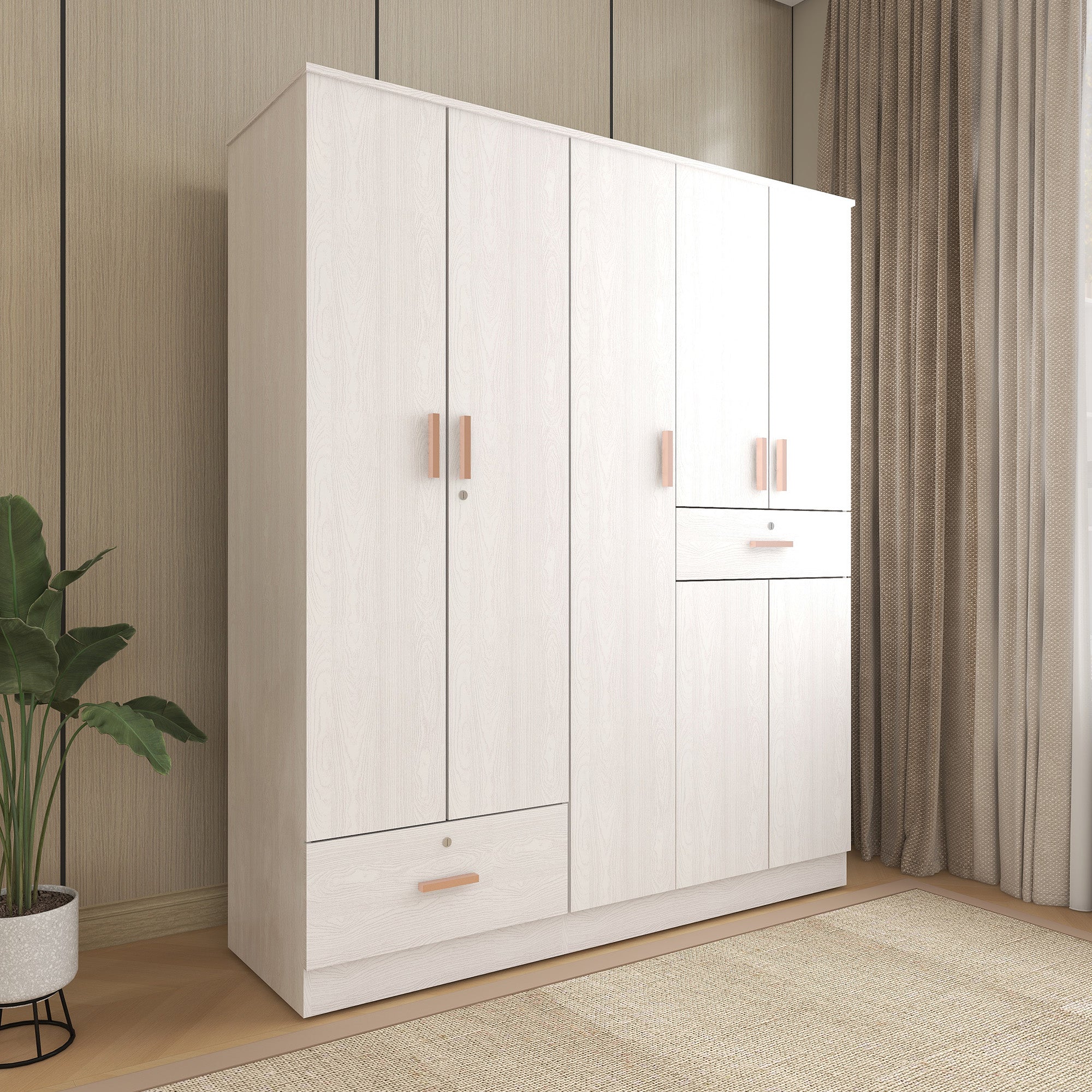 Ren 5-Door Engineered Wood Wardrobe – Spacious Bedroom Almirah with Shelves