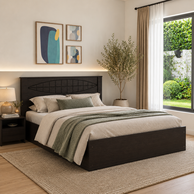 Muses Queen Bed – Solid Wood Headboard with Box Storage