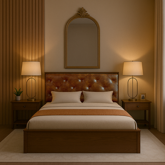 Alaric King Bed with premium fabric and box storage in a stylish, modern bedroom setting.