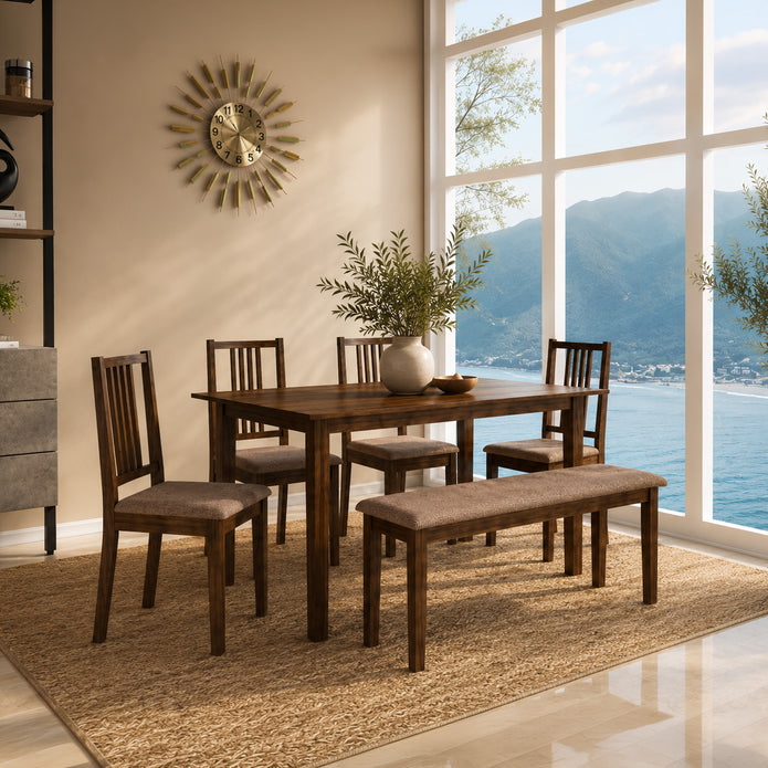 Monterey 6-Seater Solid Wood Dining Table Set with Bench & Chairs