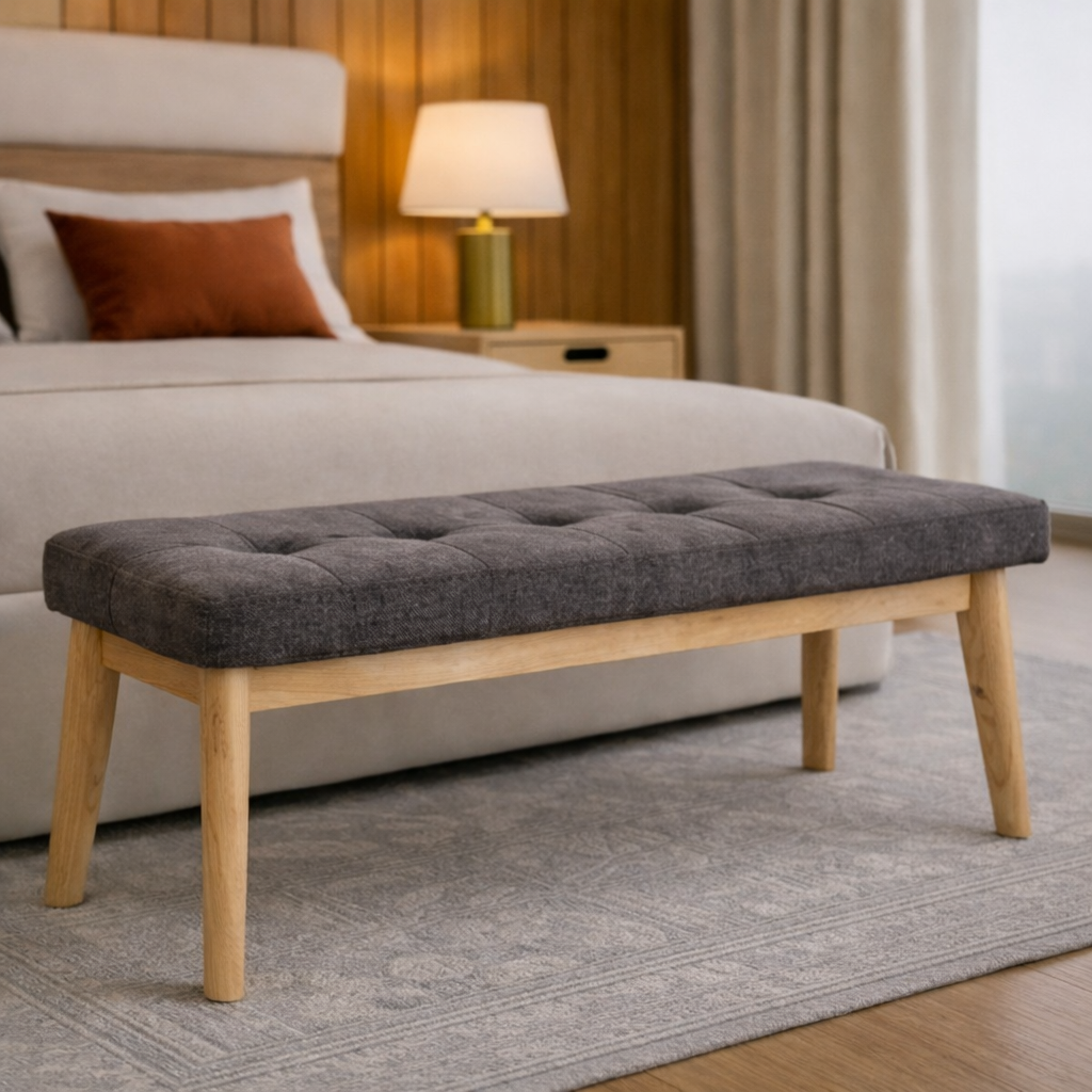 Nativa Sola luxury solid wood bench with premium fabric – CASSIA collection