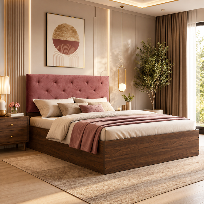 Nirodhah Queen Bedroom Set – Upholstered Bed & 4-Door Wardrobe (White & Silver Oak)