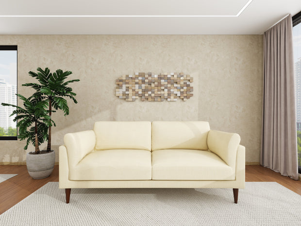 Luna beige 3-seater fabric sofa with tufted back and seat and dark tapered legs.