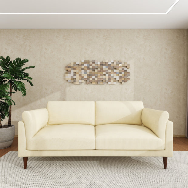 Luna beige 3-seater fabric sofa with tufted back and seat and dark tapered legs.