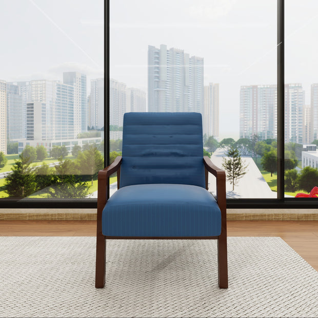 Grey modern fabric accent armchair with textured upholstery and sturdy wood base – Frame Armchair.