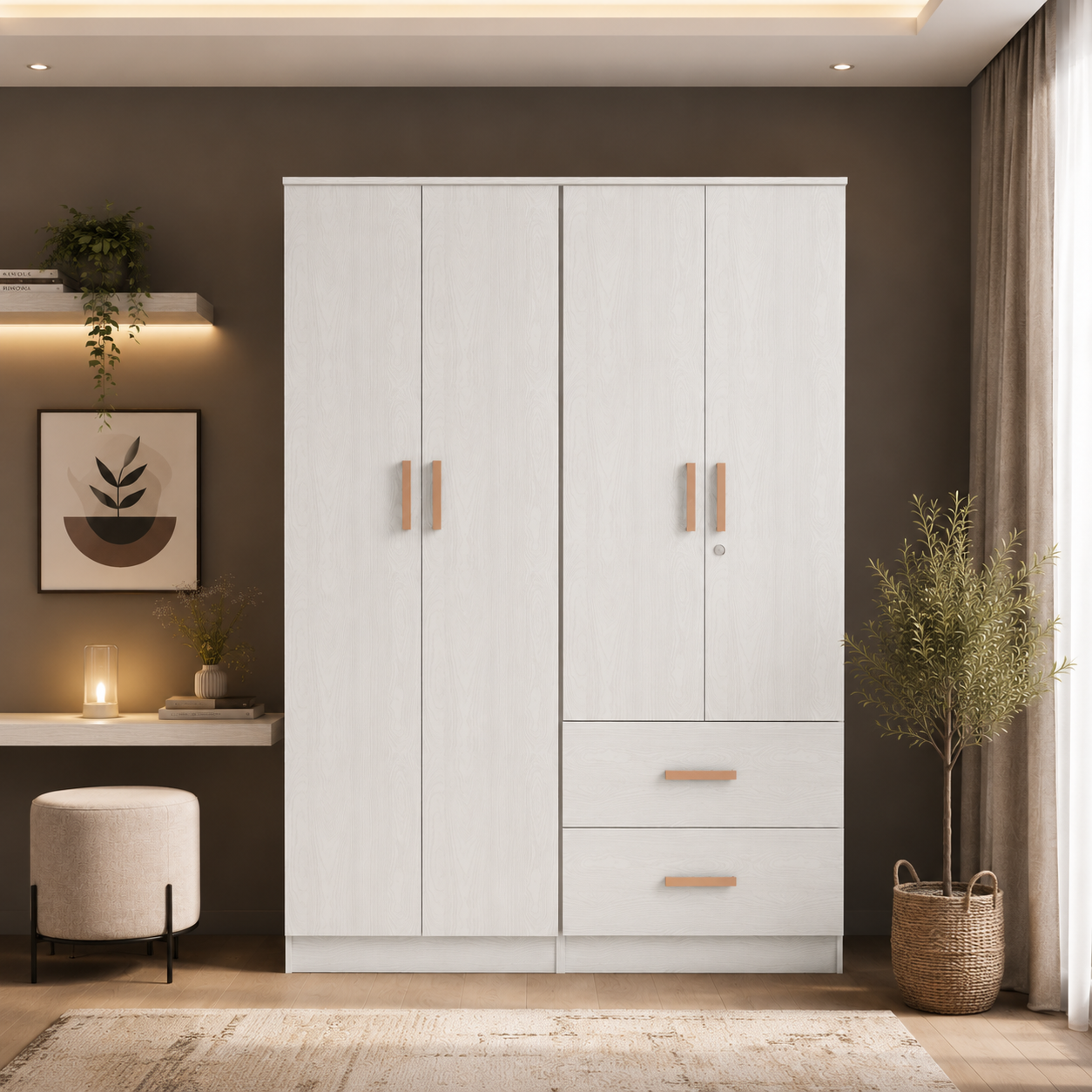 Ren 4-Door Engineered Wood Wardrobe – Spacious Bedroom Almirah with Shelves