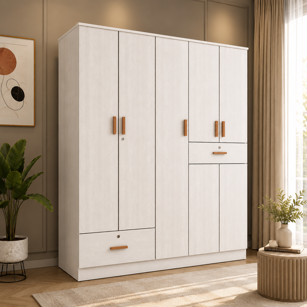 Ren 5-Door Engineered Wood Wardrobe – Spacious Bedroom Almirah with Shelves
