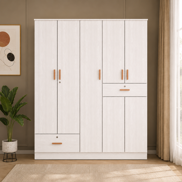Ren 5-Door Engineered Wood Wardrobe – Spacious Bedroom Almirah with Shelves
